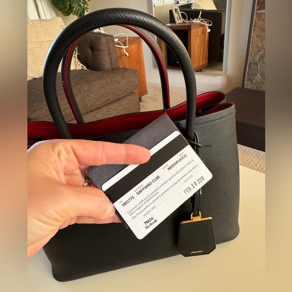 Prada Cuir Double Tote Saffiano Leather Small Black Bag Purse Red Interior - Picture 16 of 16